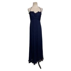 Amsale Navy Blue Silk Halter Maxi Formal Dress Size 6